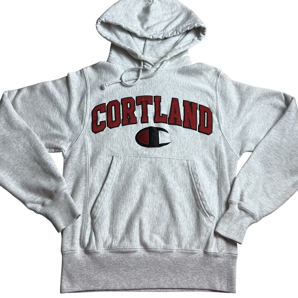Champion Suny Cortland College reverse weave hooded sweatshirt size XS Gray